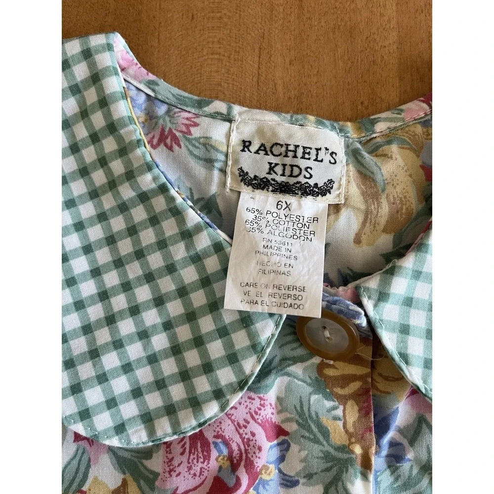 Vintage Rachel's Kids‎ Floral Gingham Peter Pan Collar Dress Sz 6X Green Plaid